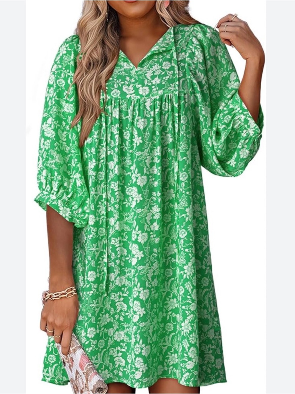 Green Floral V-Neck Babydoll Dress